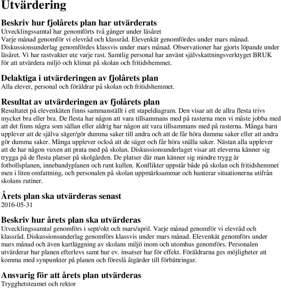 Samtlig personal har använt självskattningsverktyget BRUK för att utvärdera miljö och klimat på skolan och fritidshemmet.