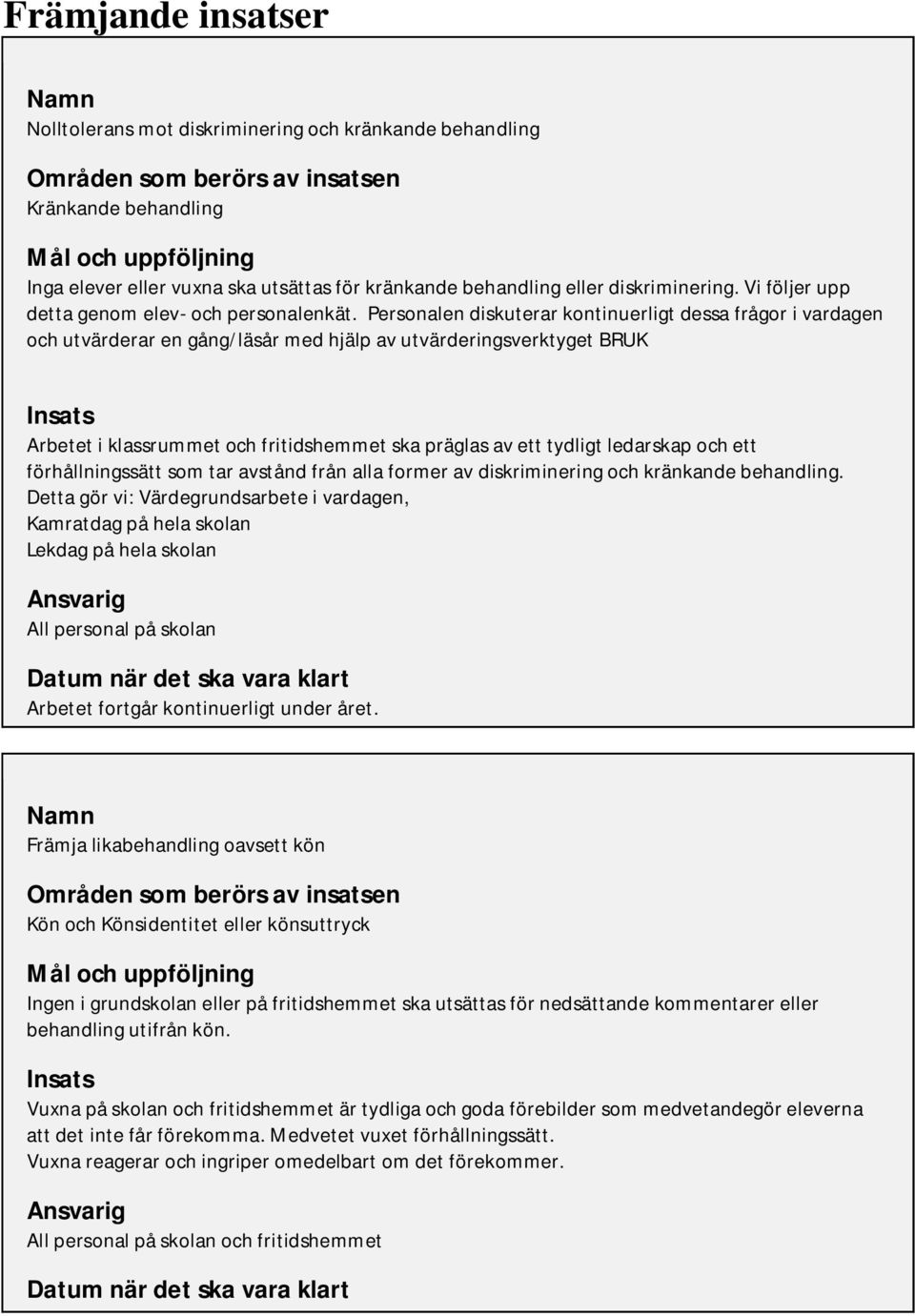 Personalen diskuterar kontinuerligt dessa frågor i vardagen och utvärderar en gång/läsår med hjälp av utvärderingsverktyget BRUK Insats Arbetet i klassrummet och fritidshemmet ska präglas av ett