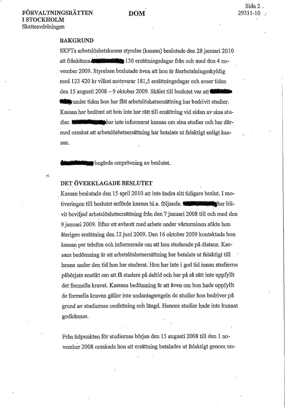 Styrelsen beslutade även att hon är återbetalningsskyldig med 123 420 kr vilket motsvarar 181,5 ersättningsdagar och avser tiden den 15 augusti 2008-9 oktober 2009.