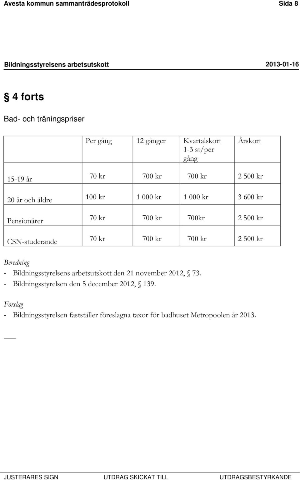 kr 700 kr 700kr 2 500 kr CSN-studerande 70 kr 700 kr 700 kr 2 500 kr Beredning - den 21 november 2012, 73.