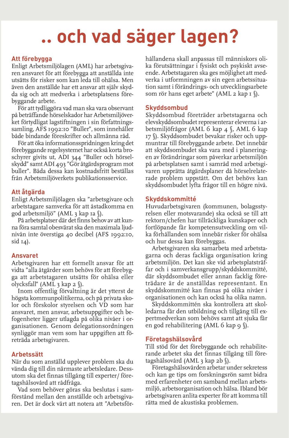 För att tydliggöra vad man ska vara observant på beträffande hörselskador har Arbetsmiljöverket förtydligat lagstiftningen i sin författningssamling, AFS 1992:10 Buller, som innehåller både bindande