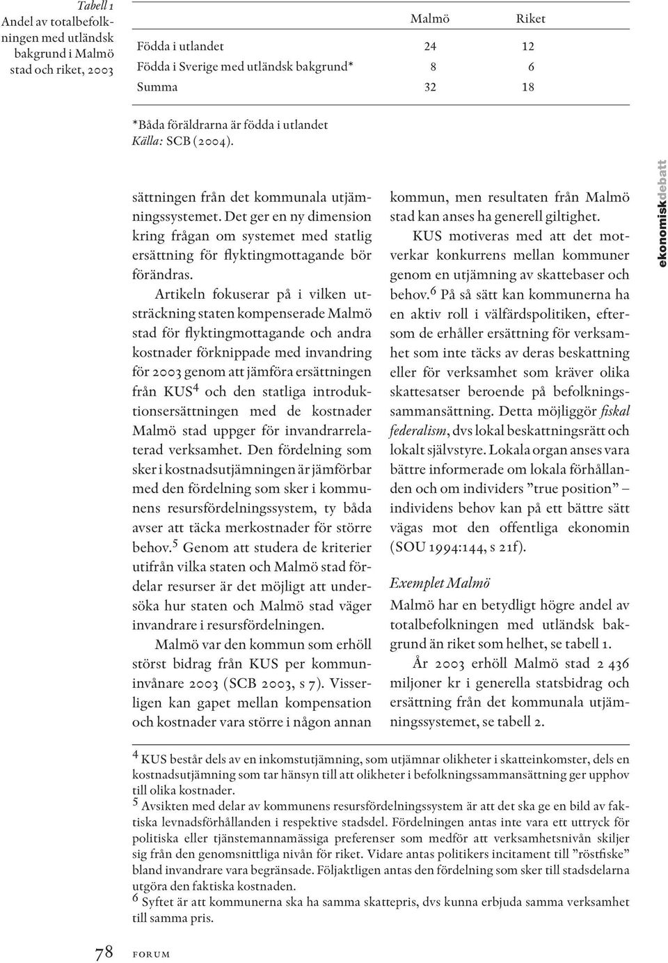 Artikeln fokuserar på i vilken utsträckning staten kompenserade Malmö stad för flyktingmottagande och andra kostnader förknippade med invandring för 2003 genom att jämföra ersättningen från KUS 4 och