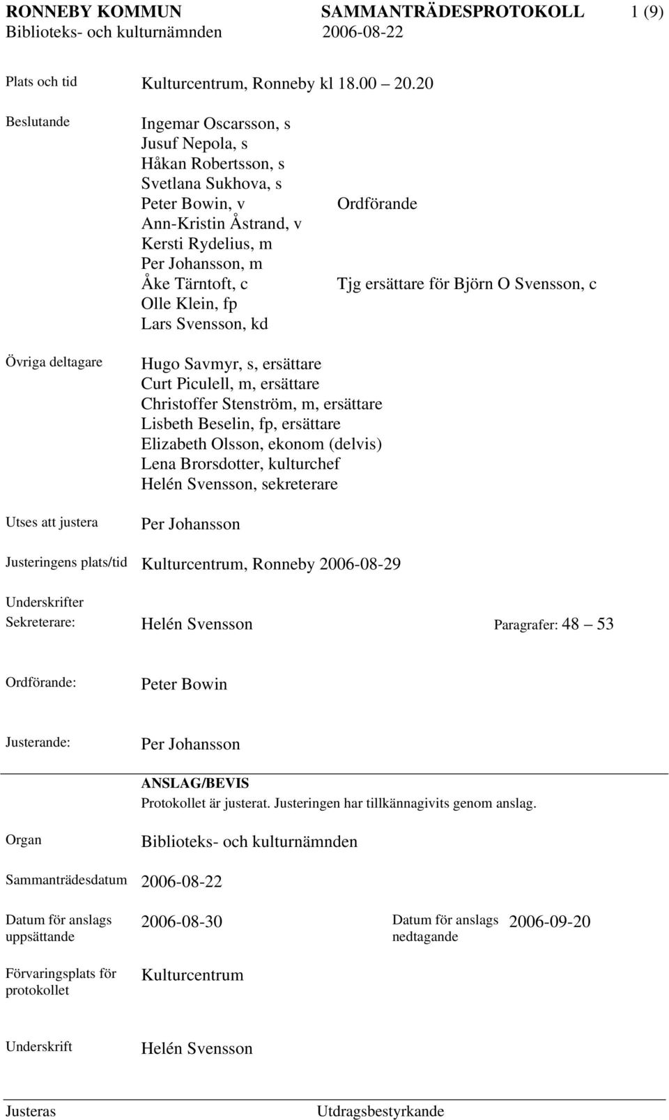 Lars Svensson, kd Ordförande Tjg ersättare för Björn O Svensson, c Övriga deltagare Utses att justera Hugo Savmyr, s, ersättare Curt Piculell, m, ersättare Christoffer Stenström, m, ersättare Lisbeth