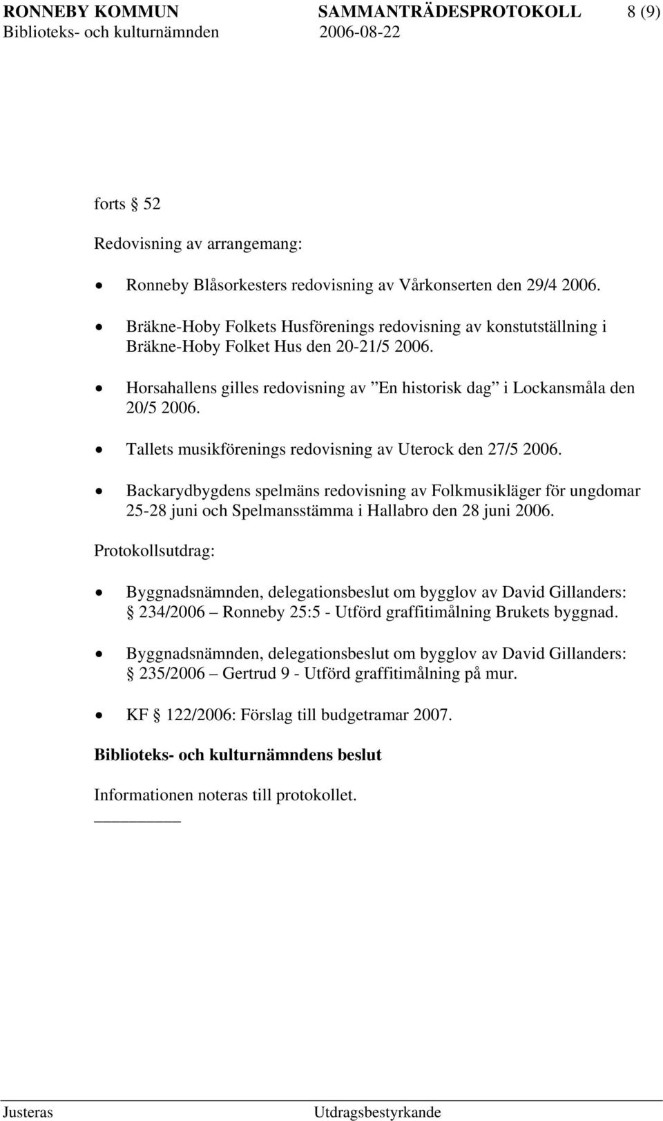 Tallets musikförenings redovisning av Uterock den 27/5 2006. Backarydbygdens spelmäns redovisning av Folkmusikläger för ungdomar 25-28 juni och Spelmansstämma i Hallabro den 28 juni 2006.