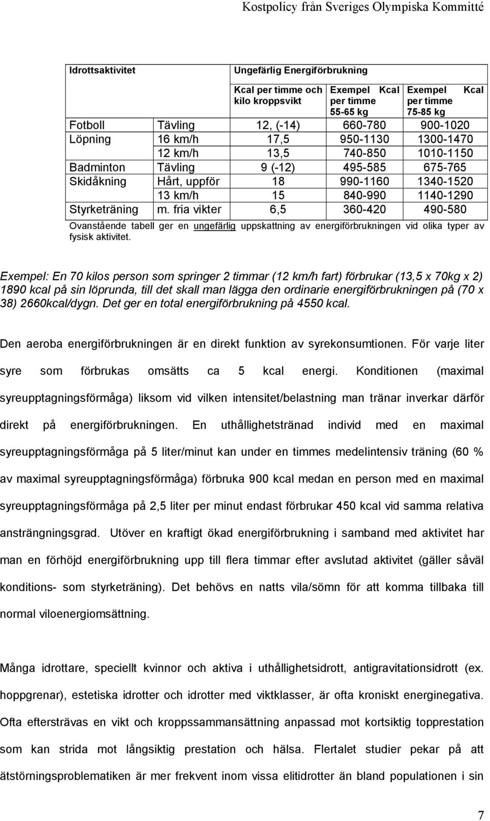 fria vikter 6,5 360-420 490-580 Ovanstående tabell ger en ungefärlig uppskattning av energiförbrukningen vid olika typer av fysisk aktivitet.