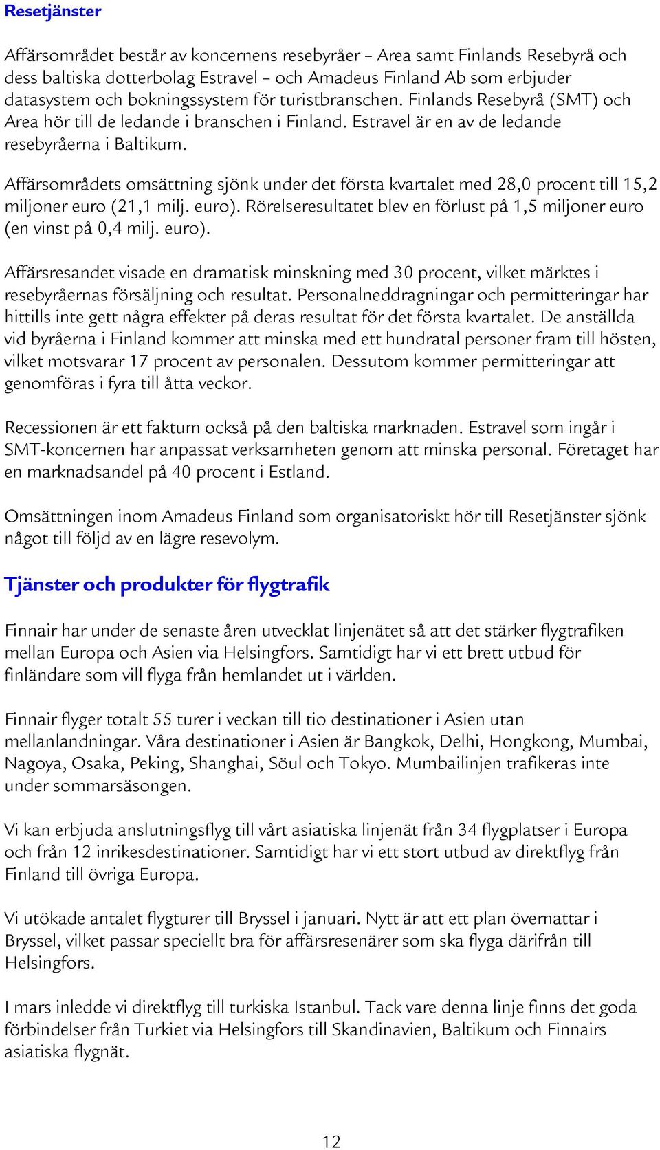 Affärsområdets omsättning sjönk under det första kvartalet med 28,0 procent till 15,2 miljoner euro (21,1 milj. euro). Rörelseresultatet blev en förlust på 1,5 miljoner euro (en vinst på 0,4 milj.