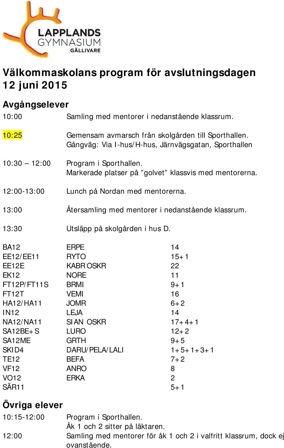 13:00 Återsamling med mentorer i nedanstående klassrum. 13:30 Utsläpp på skolgården i hus D.