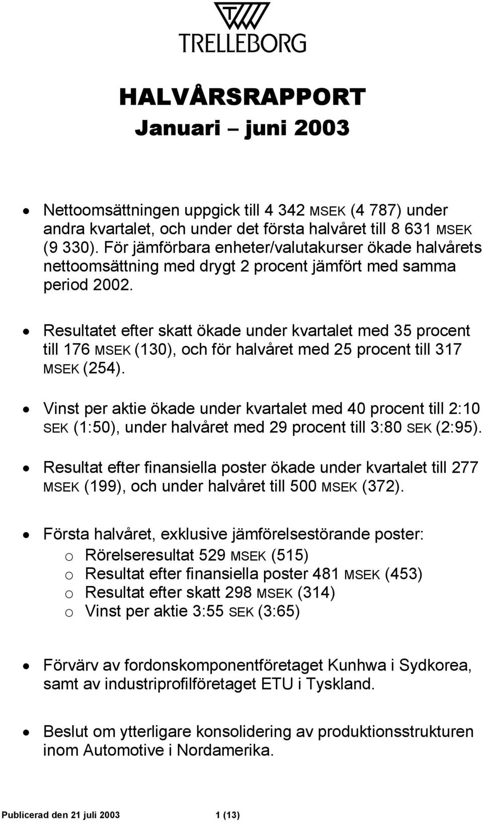 Resultatet efter skatt ökade under kvartalet med 35 procent till 176 MSEK (130), och för halvåret med 25 procent till 317 MSEK (254).