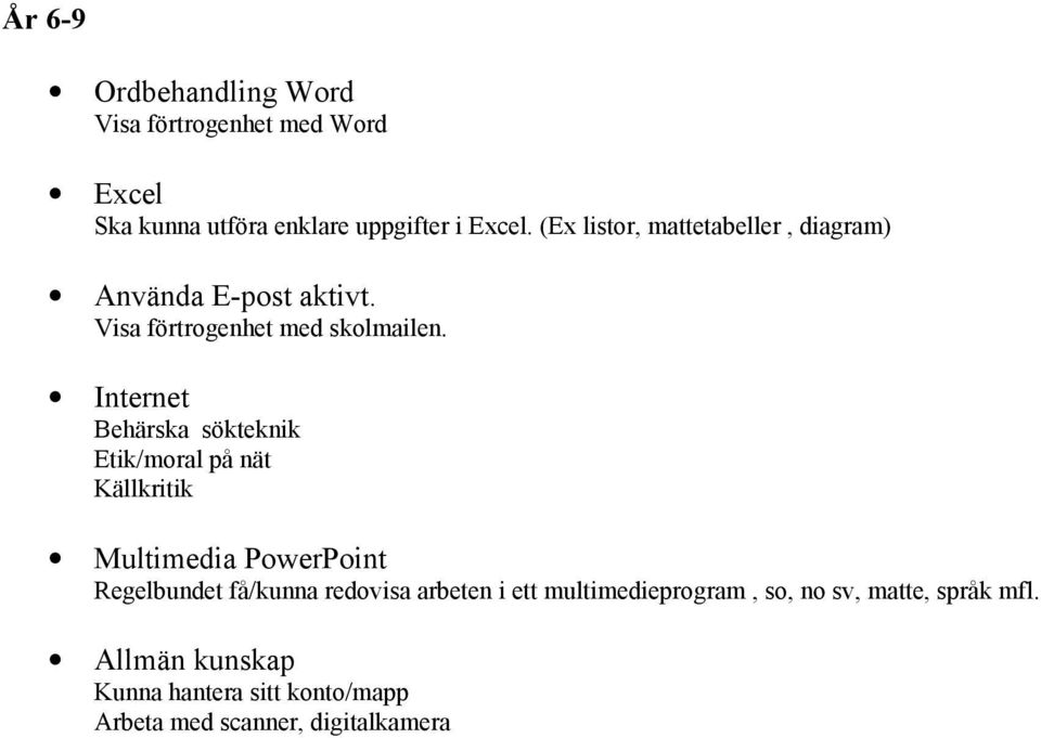 Internet Behärska sökteknik Etik/moral på nät Källkritik Multimedia PowerPoint Regelbundet få/kunna redovisa