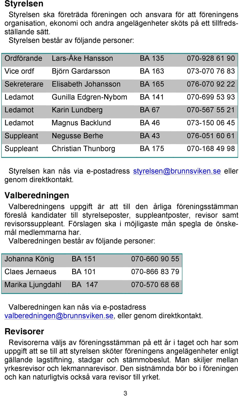 Gunilla Edgren-Nybom BA 141 070-699 53 93 Ledamot Karin Lundberg BA 67 070-567 55 21 Ledamot Magnus Backlund BA 46 073-150 06 45 Suppleant Negusse Berhe BA 43 076-051 60 61 Suppleant Christian