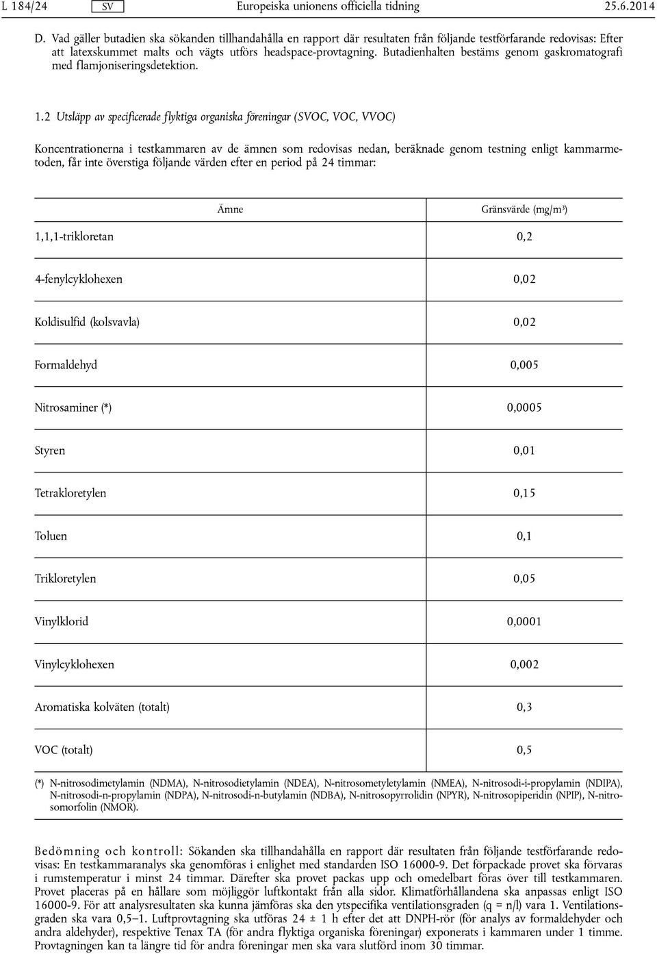 2 Utsläpp av specificerade flyktiga organiska föreningar (OC, VOC, VVOC) Koncentrationerna i testkammaren av de ämnen som redovisas nedan, beräknade genom testning enligt kammarmetoden, får inte