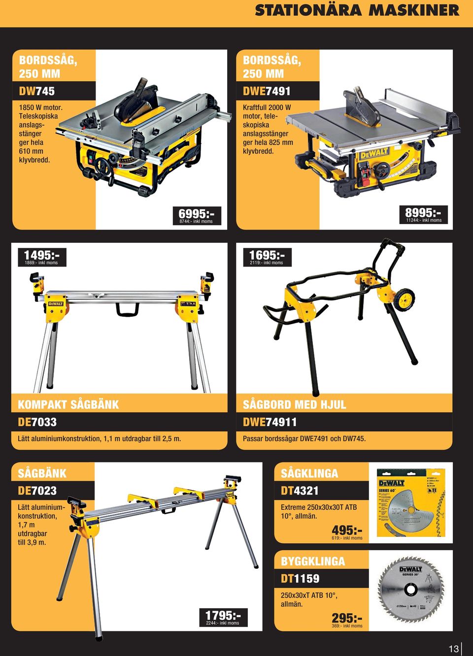 6995:- 8744:- inkl moms 8995:- 11244:- inkl moms 1495:- 1695:- 1869:- inkl moms 2119:- inkl moms KOMPAKT SÅGBÄNK DE7033 Lätt aluminiumkonstruktion, 1,1 m utdragbar till 2,5
