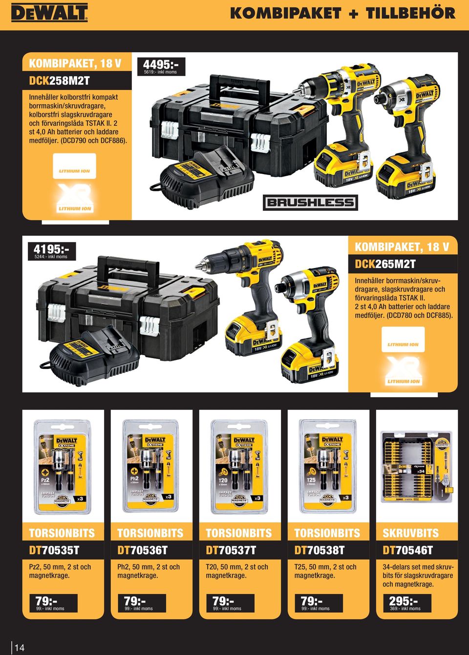 4495:- 5619:- inkl moms 4195:- 5244:- inkl moms KOMBIPAKET, 18 V DCK265M2T Innehåller borrmaskin/skruvdragare, slagskruvdragare och förvaringslåda TSTAK II.