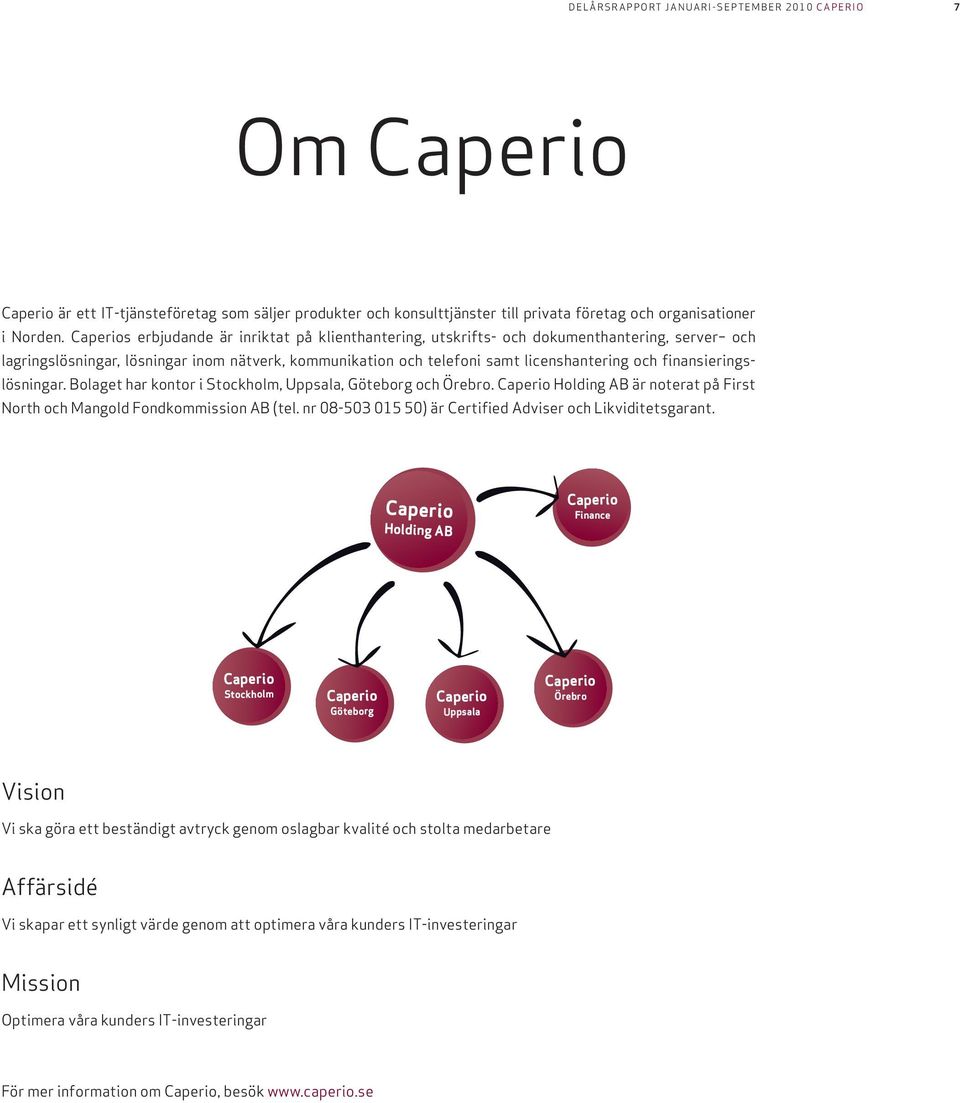 finansieringslösningar. Bolaget har kontor i Stockholm, Uppsala, Göteborg och Örebro. Caperio Holding AB är noterat på First North och Mangold Fondkommission AB (tel.