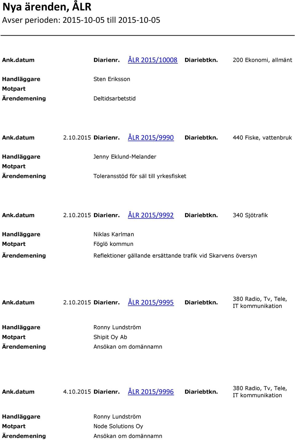 440 Fiske, vattenbruk Jenny Eklund-Melander Toleransstöd för säl till yrkesfisket Ank.datum 2.10.2015 Diarienr. ÅLR 2015/9992 Diariebtkn.