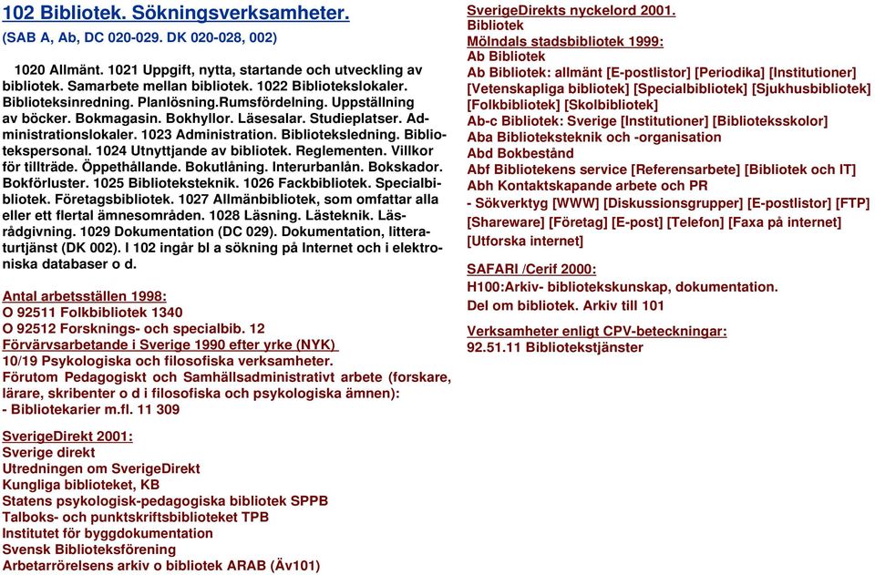 Biblioteksledning. Bibliotekspersonal. 1024 Utnyttjande av bibliotek. Reglementen. Villkor för tillträde. Öppethållande. Bokutlåning. Interurbanlån. Bokskador. Bokförluster. 1025 Biblioteksteknik.