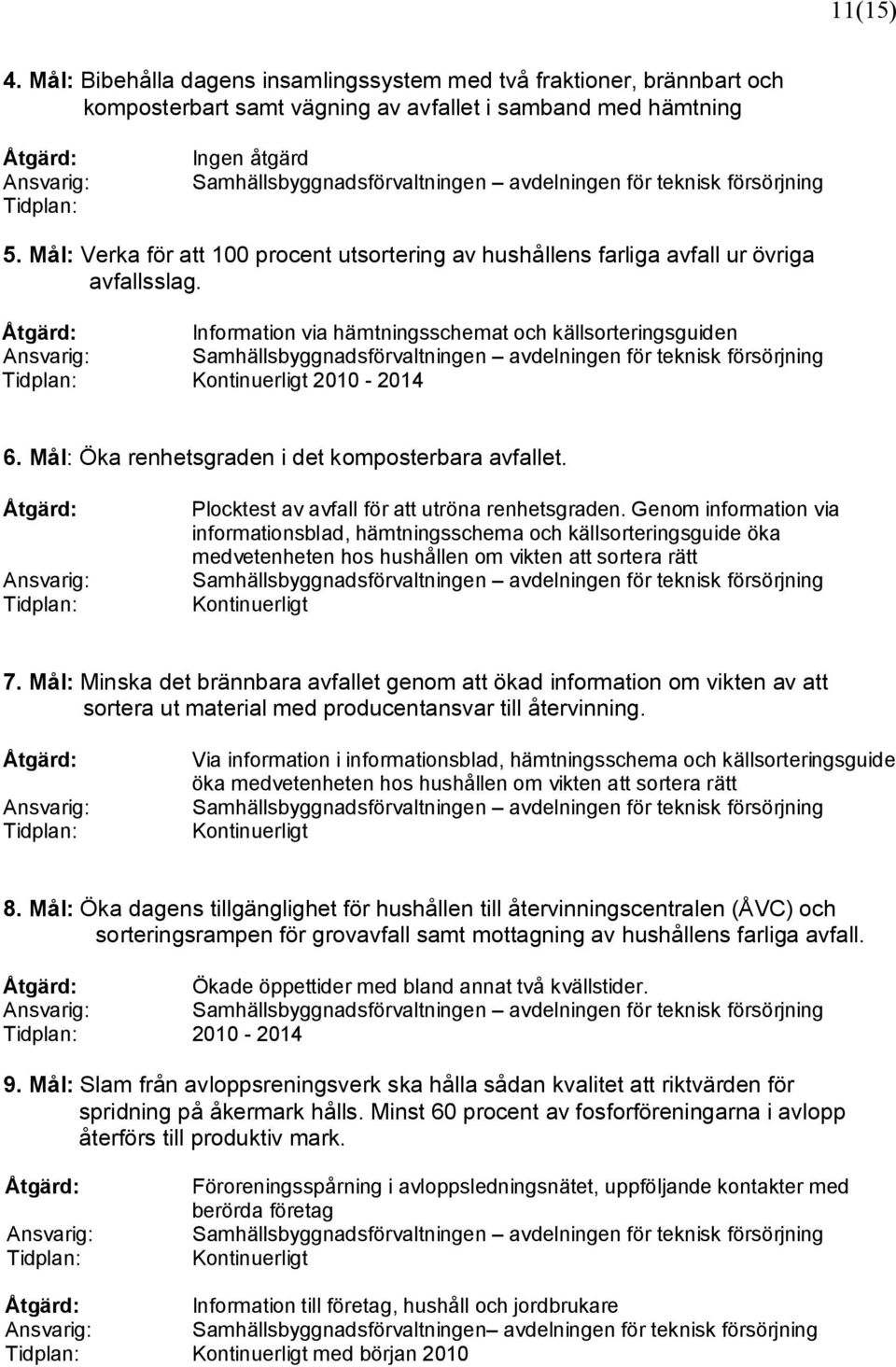 Samhällsbyggnadsförvaltningen avdelningen för teknisk försörjning 5. Mål: Verka för att 100 procent utsortering av hushållens farliga avfall ur övriga avfallsslag.