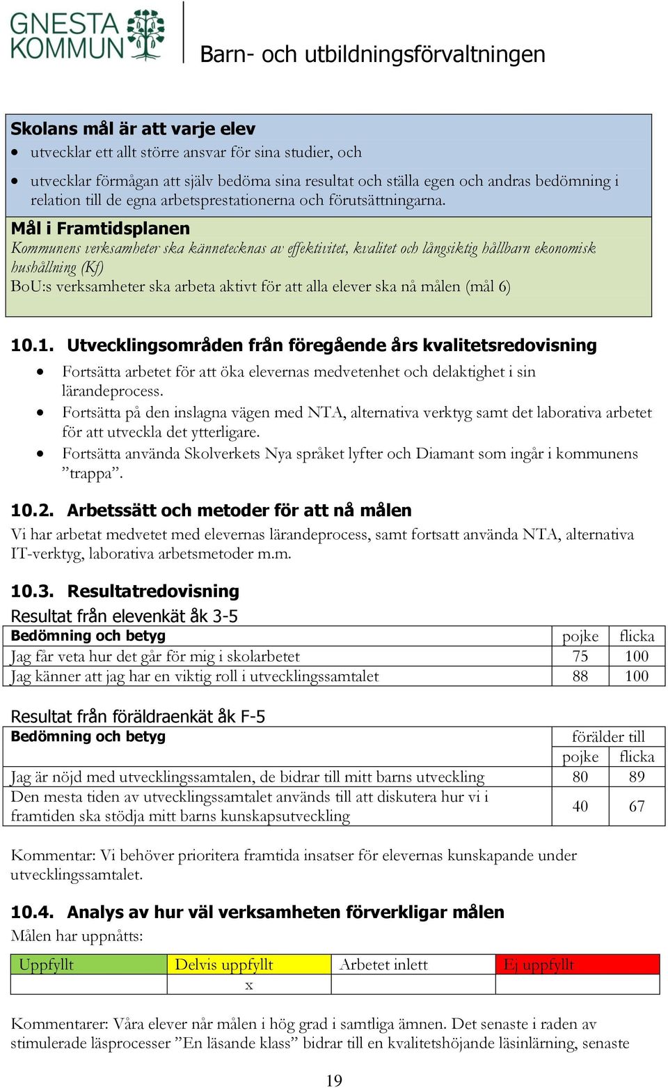 Mål i Framtidsplanen Kommunens verksamheter ska kännetecknas av effektivitet, kvalitet och långsiktig hållbarn ekonomisk hushållning (Kf) BoU:s verksamheter ska arbeta aktivt för att alla elever ska