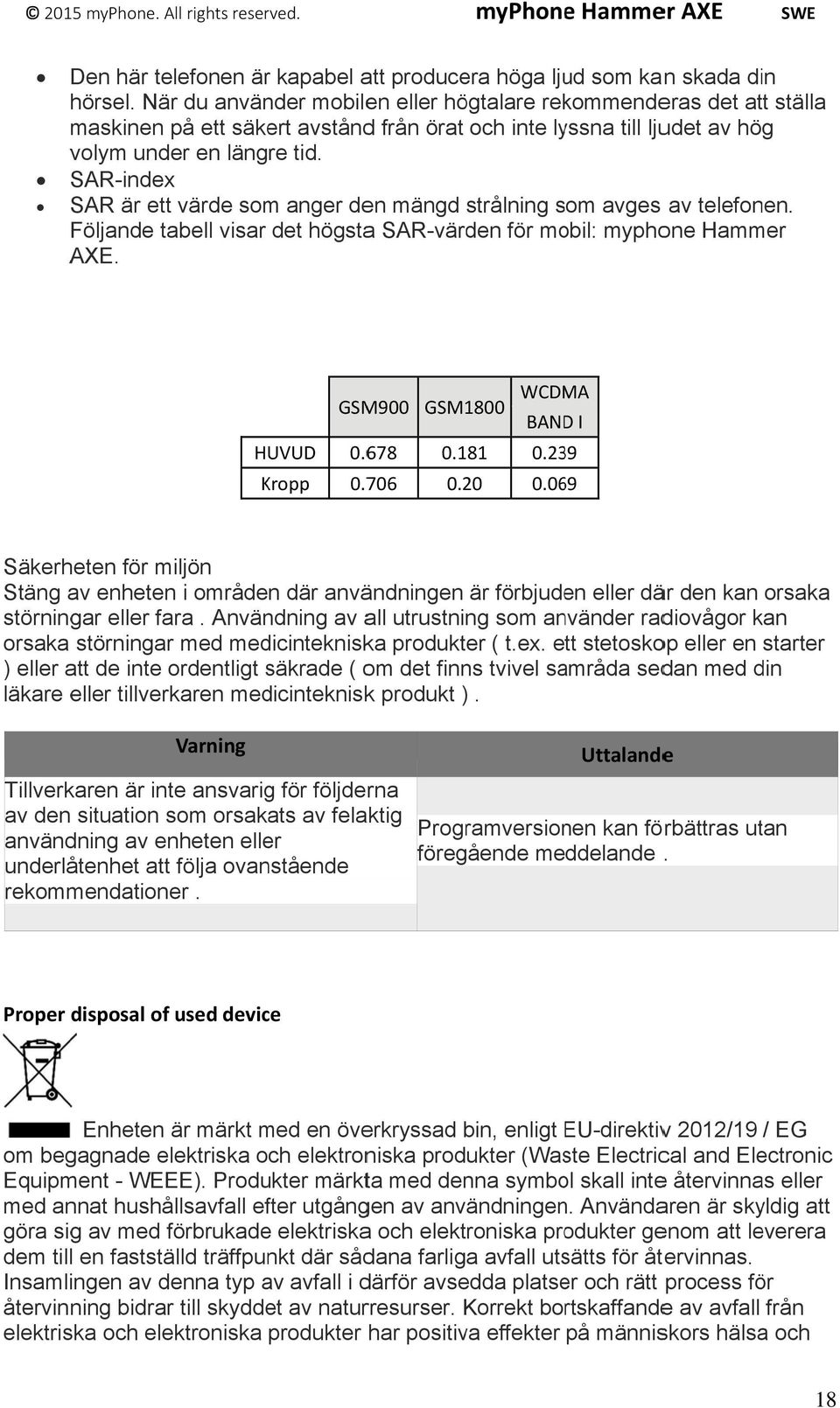 SAR-index SAR är ettt värde som anger den mängd strålning som avges av telefonen. Följande tabell visar det högstaa SAR-värden för mobil: myphone Hammer AXE. GSM900 GSM1800 MA BANDD I HUVUD Kropp 0.