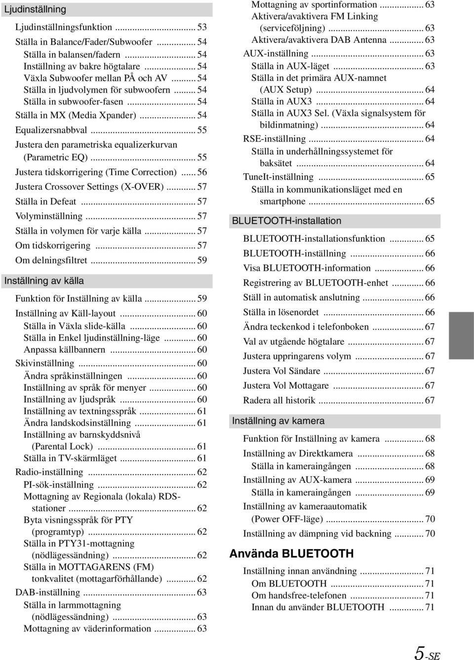 .. 55 Justera tidskorrigering (Time Correction)... 56 Justera Crossover Settings (X-OVER)... 57 Ställa in Defeat... 57 Volyminställning... 57 Ställa in volymen för varje källa... 57 Om tidskorrigering.