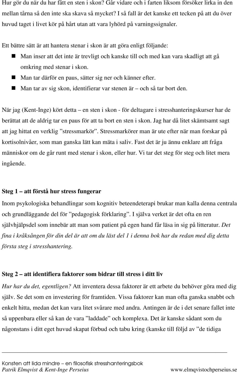 Ett bättre sätt är att hantera stenar i skon är att göra enligt följande: Man inser att det inte är trevligt och kanske till och med kan vara skadligt att gå omkring med stenar i skon.