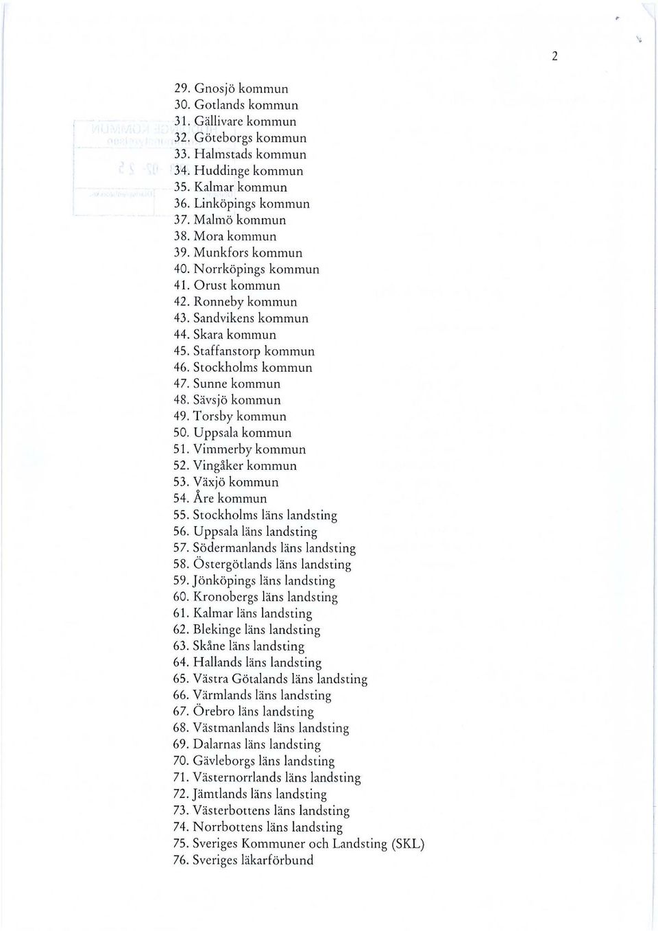 Sävsjö kommun 49. Torsby kommun 50. Uppsala kommun 51. Vimmerby kommun 52. Vingåker kommun 53. Växjö kommun 54. Åre kommun 55. Stockholms läns landsting 56. Uppsala läns landsting 57.