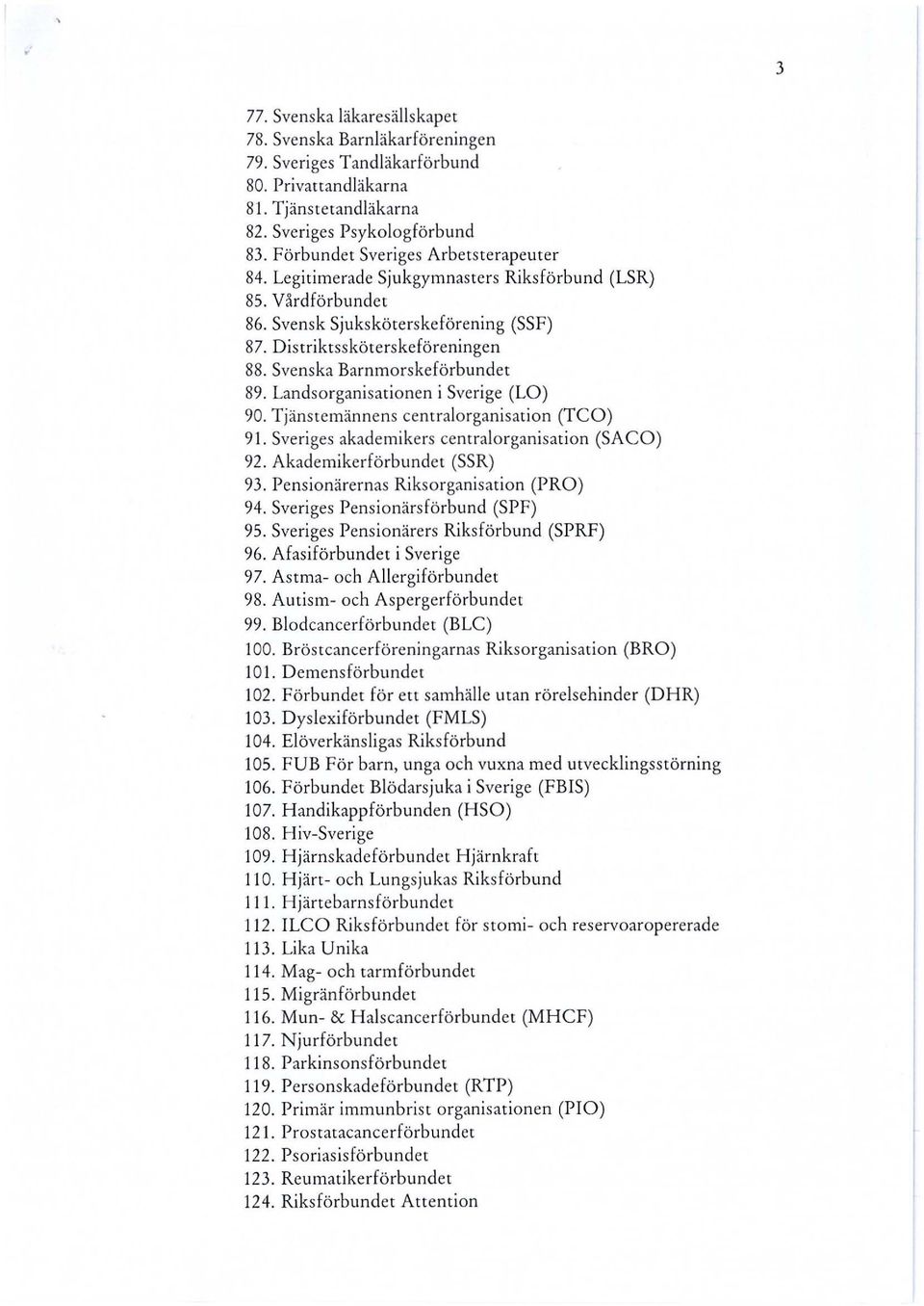 Svenska Barnmorskeförbundet 89. Landsorganisationen i Sverige (LO) 90. Tjänstemännens centralorganisation (T CO) 91. Sveriges akademikers centralorganisation (SACO) 92. Akademikerförbundet (SSR) 93.