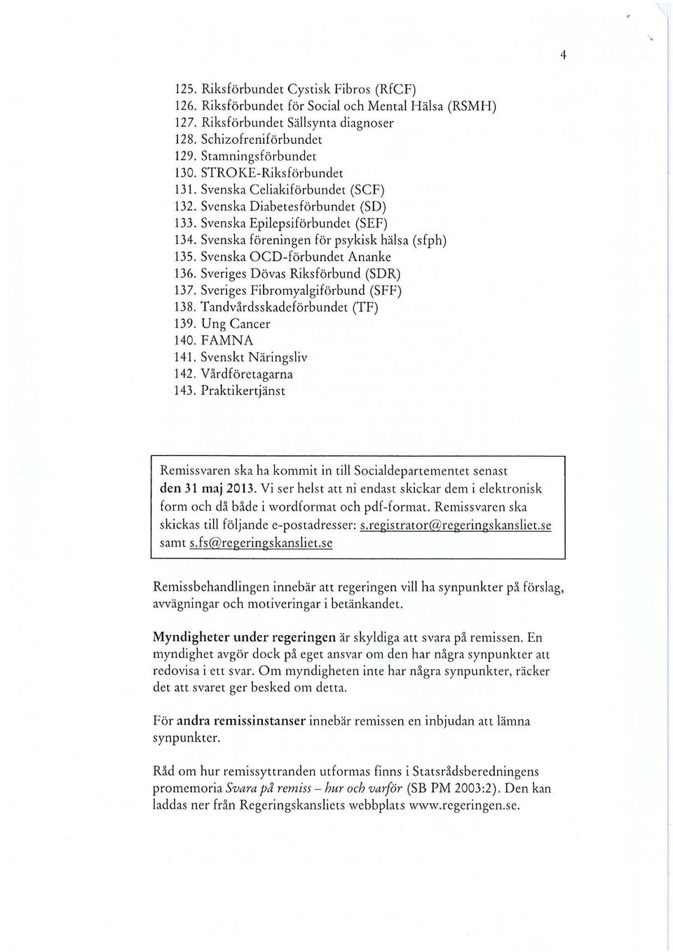 Svenska OCD-förbundet Ananke 136. Sveriges Dövas Riksförbund (SDR) 137. Sveriges Fibromyalgiförbund (SFF) 138. Tandvårdsskadeförbundet (TF) 139. Ung Cancer 140. FAMNA 141. Svenskt Näringsliv 142.