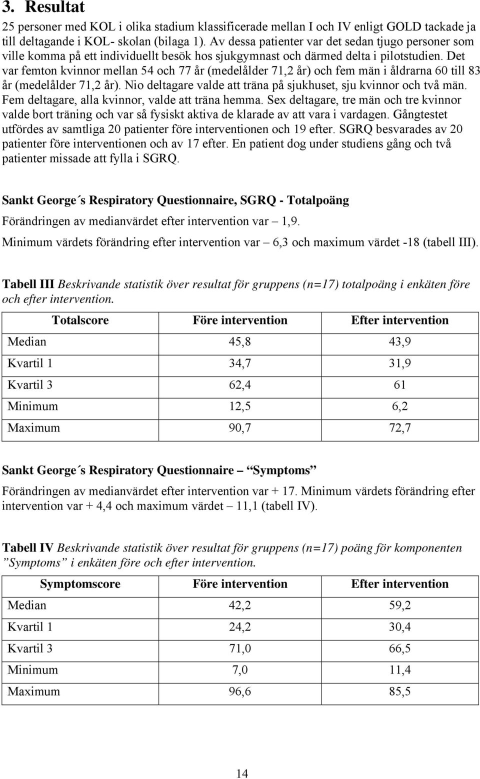 Det var femton kvinnor mellan 54 och 77 år (medelålder 71,2 år) och fem män i åldrarna 60 till 83 år (medelålder 71,2 år). Nio deltagare valde att träna på sjukhuset, sju kvinnor och två män.