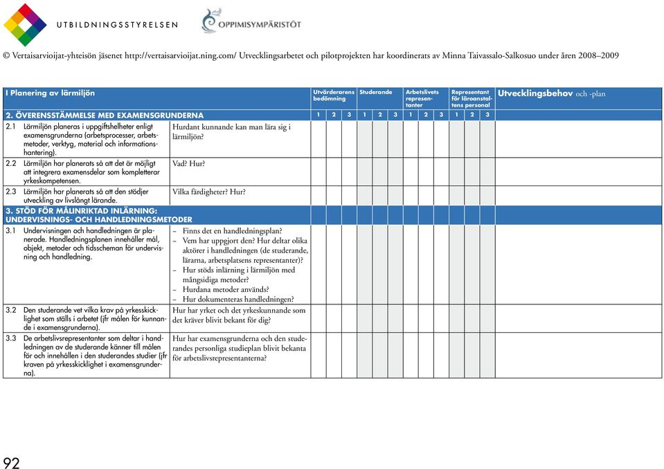 2 Lärmiljön har planerats så att det är möjligt att integrera examensdelar som kompletterar yrkeskompetensen. 2.3 Lärmiljön har planerats så att den stödjer utveckling av livslångt lärande.