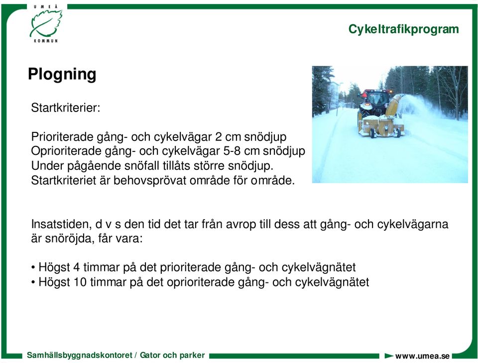 Insatstiden, d v s den tid det tar från avrop till dess att gång- och cykelvägarna är snöröjda, får vara: