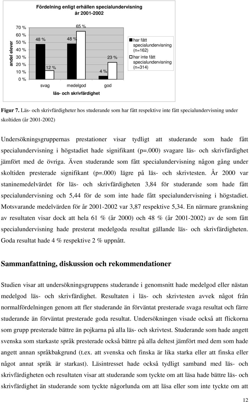 Läs- och skrivfärdigheter hos studerande som har fått respektive inte fått specialundervisning under skoltiden (år 2001-2002) Undersökningsgruppernas prestationer visar tydligt att studerande som