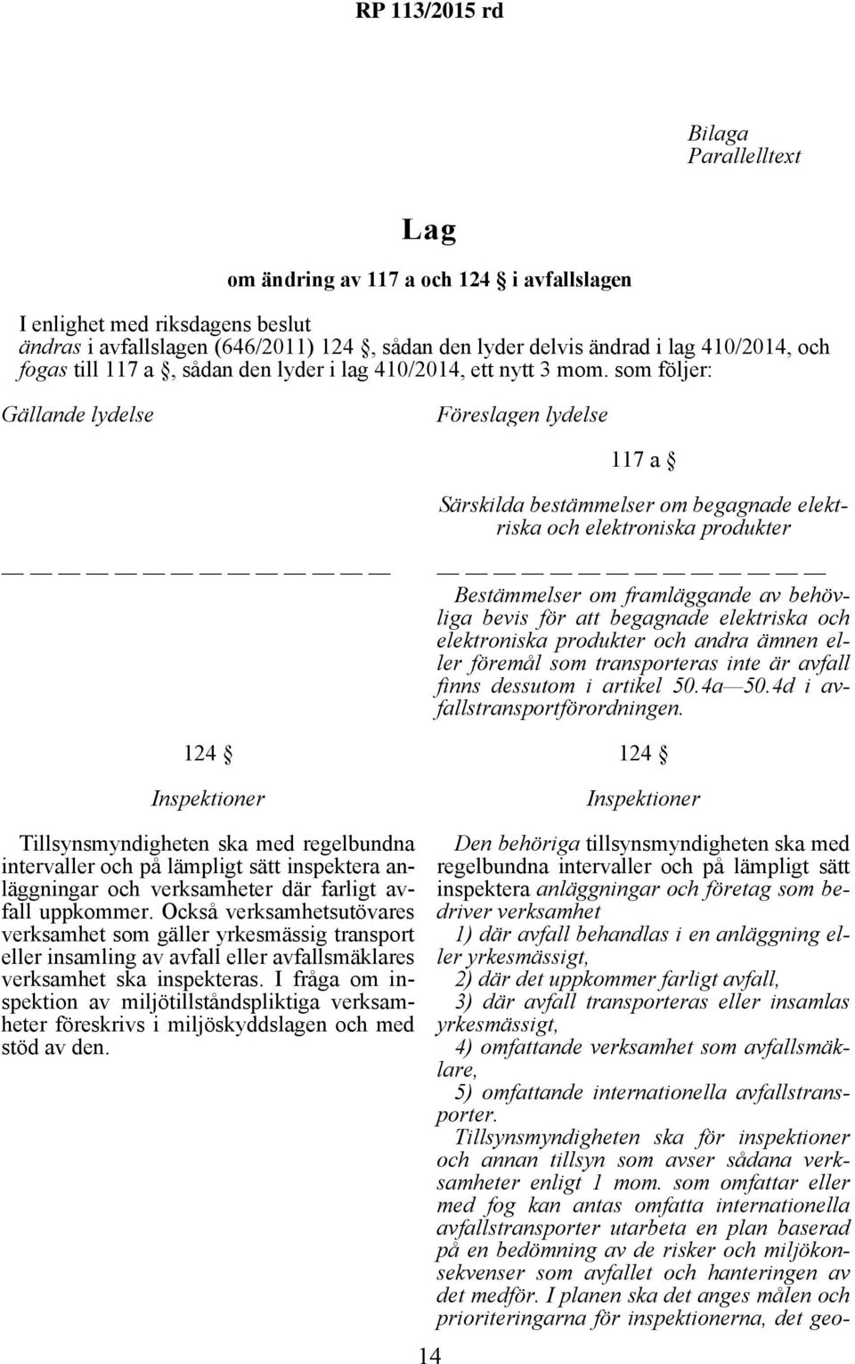 som följer: Gällande lydelse Föreslagen lydelse 117 a Särskilda bestämmelser om begagnade elektriska och elektroniska produkter 124 Inspektioner Bestämmelser om framläggande av behövliga bevis för