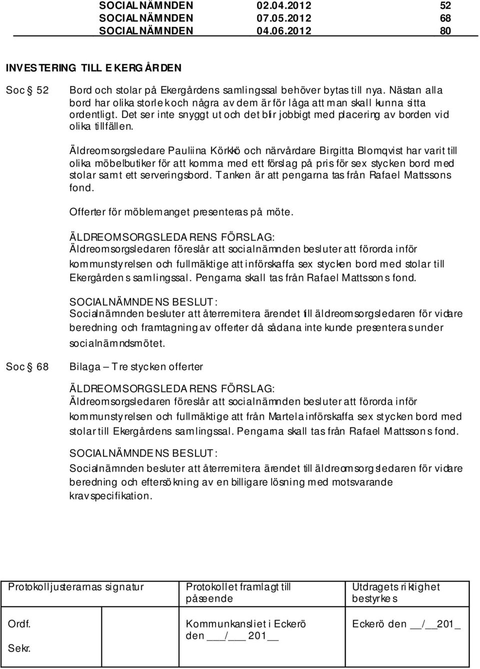 Äldreomsorgsledare Pauliina Körkkö och närvårdare Birgitta Blomqvist har varit till olika möbelbutiker för att komma med ett förslag på pris för sex stycken bord med stolar samt ett serveringsbord.