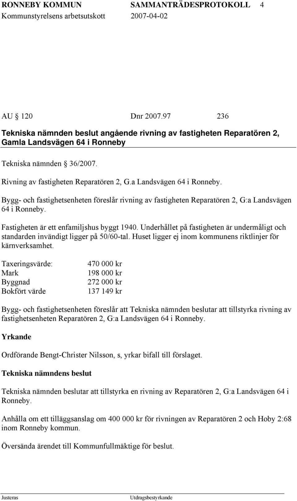 Fastigheten är ett enfamiljshus byggt 1940. Underhållet på fastigheten är undermåligt och standarden invändigt ligger på 50/60-tal. Huset ligger ej inom kommunens riktlinjer för kärnverksamhet.