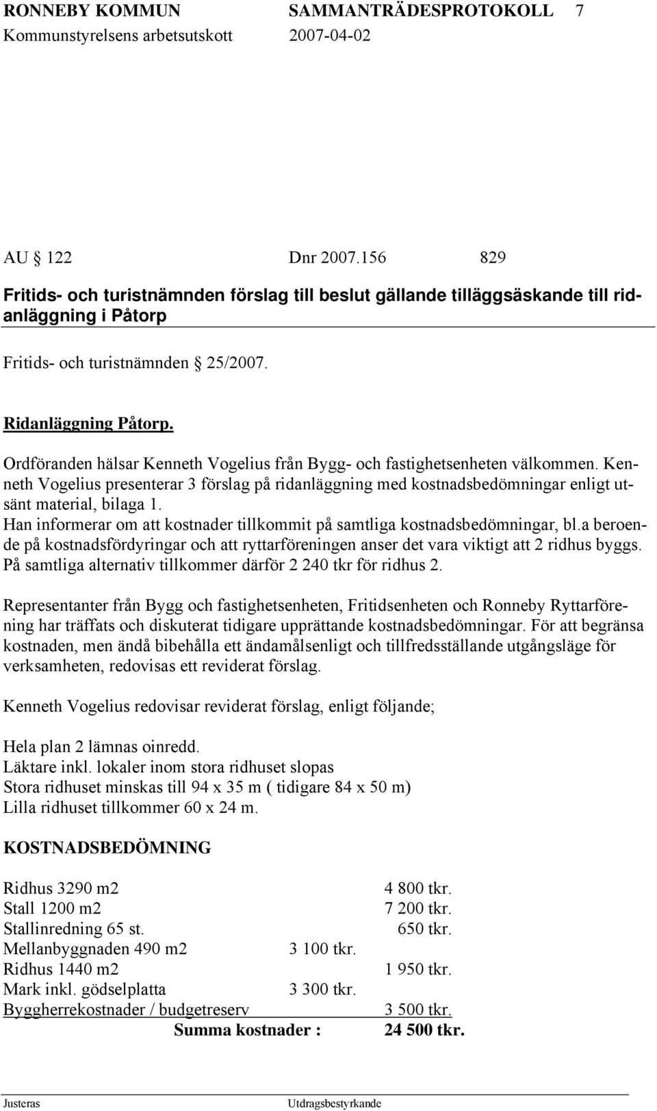 Kenneth Vogelius presenterar 3 förslag på ridanläggning med kostnadsbedömningar enligt utsänt material, bilaga 1. Han informerar om att kostnader tillkommit på samtliga kostnadsbedömningar, bl.