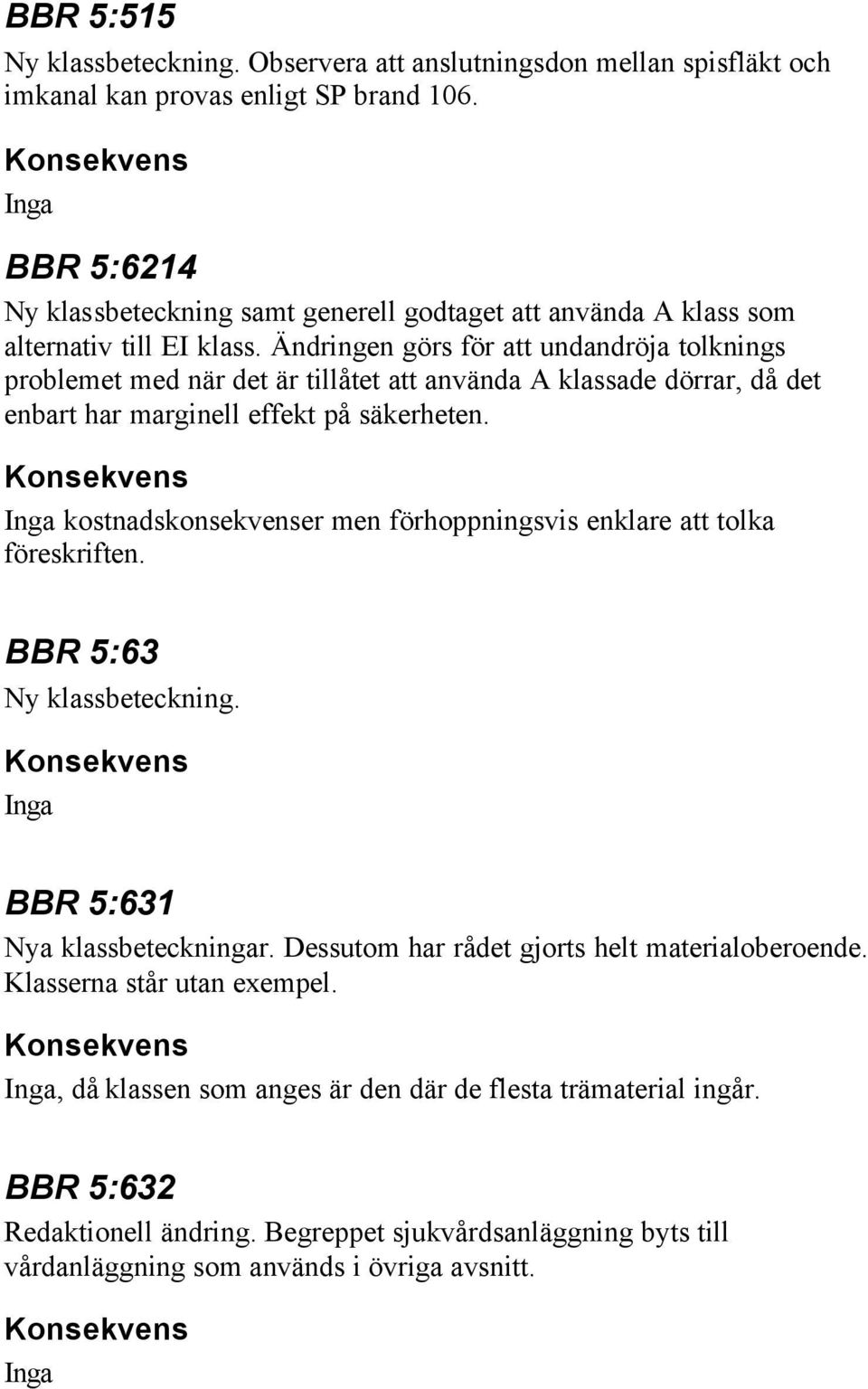 Ändringen görs för att undandröja tolknings problemet med när det är tillåtet att använda A klassade dörrar, då det enbart har marginell effekt på säkerheten.