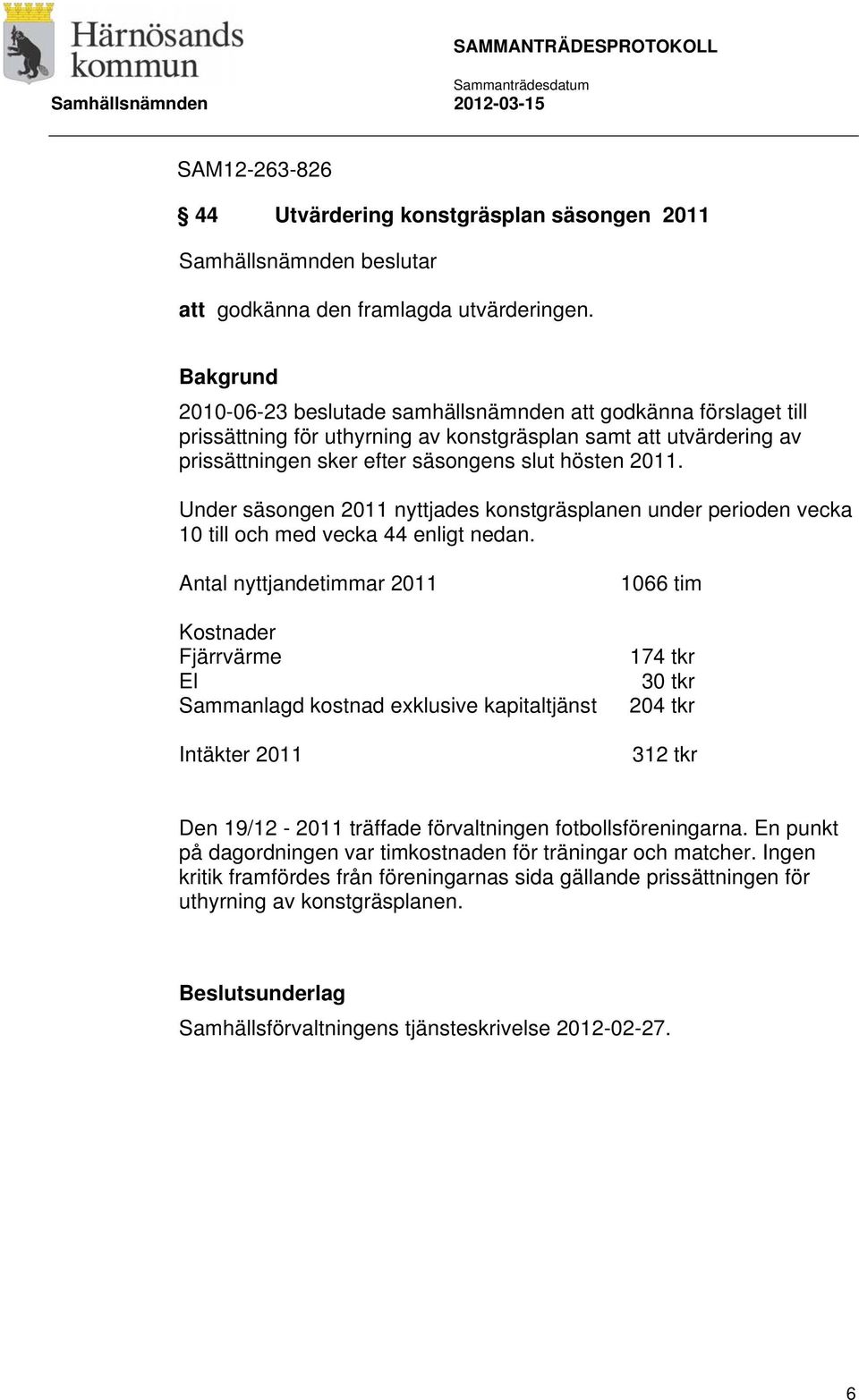 Under säsongen 2011 nyttjades konstgräsplanen under perioden vecka 10 till och med vecka 44 enligt nedan.