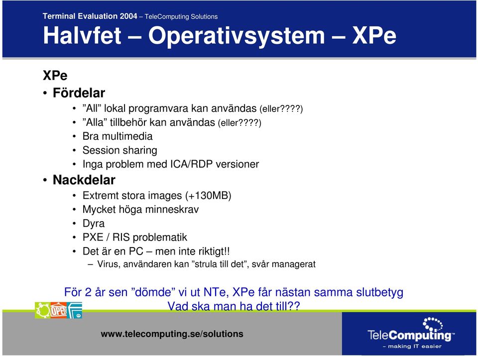 ???) Bra multimedia Session sharing Inga problem med ICA/RDP versioner Nackdelar Extremt stora images (+130MB) Mycket höga