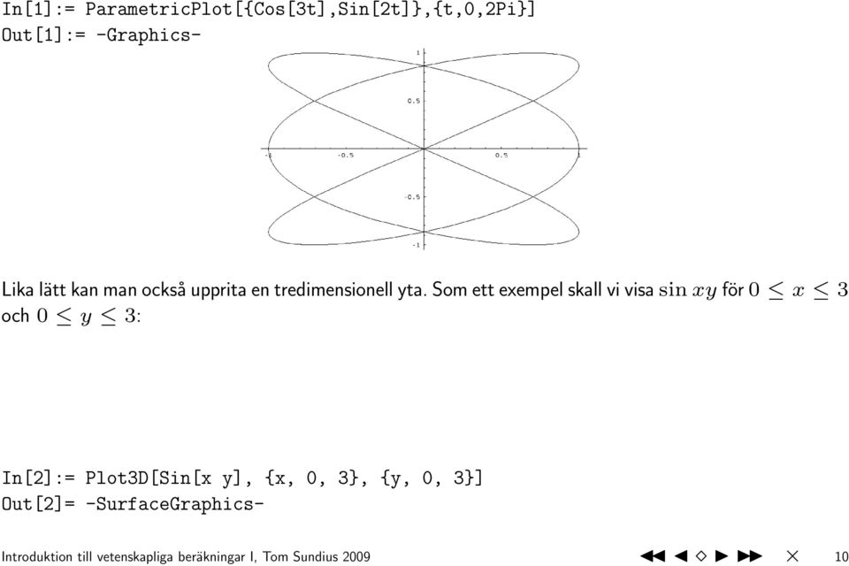 Som ett exempel skall vi visa sin xy för 0 x 3 och 0 y 3: In[2]:= Plot3D[Sin[x