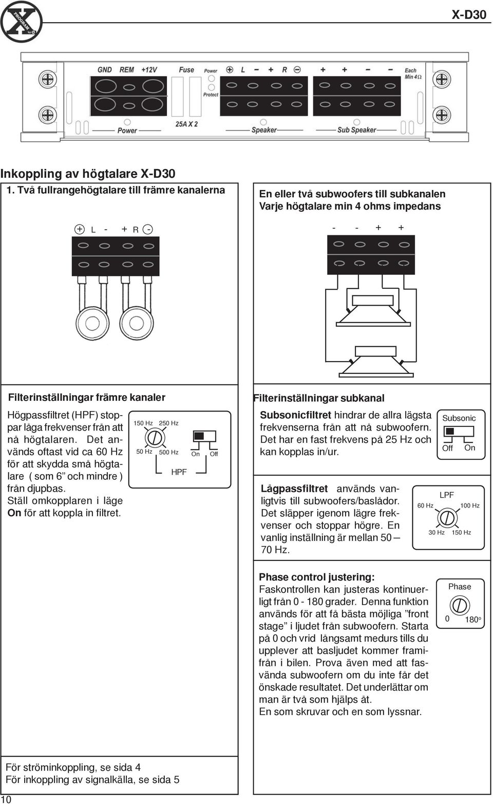 frekvenser från att nå högtalaren. Det används oftast vid ca 60 Hz för att skydda små högtalare ( som 6 och mindre ) från djupbas. Ställ omkopplaren i läge On för att koppla in filtret.