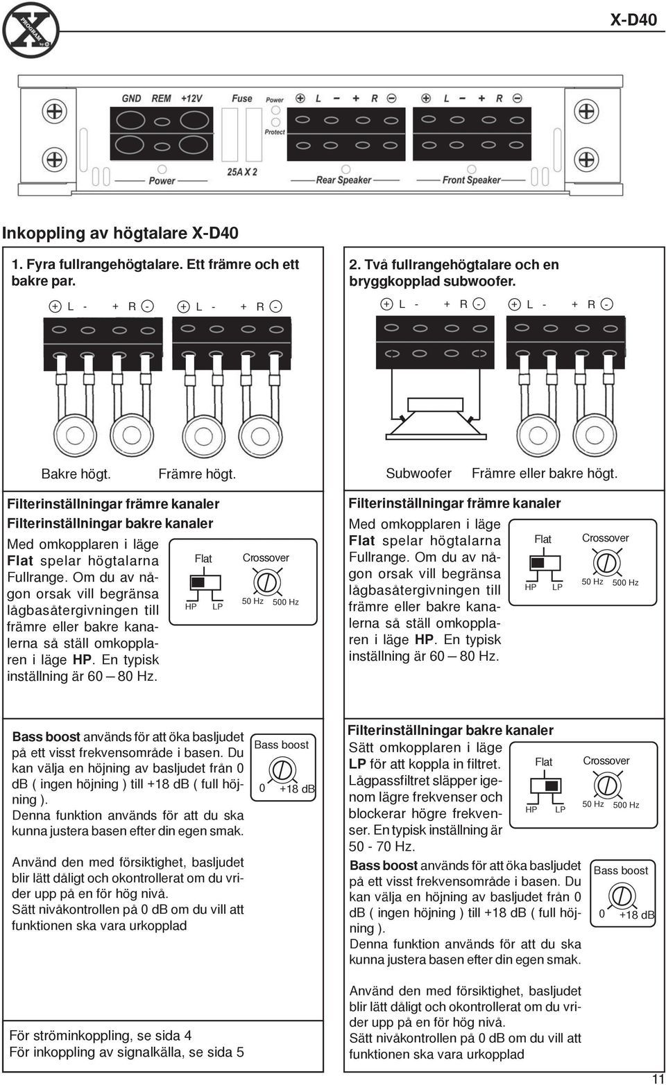 Om du av någon orsak vill begränsa HP lågbasåtergivningen till främre eller bakre kanalerna så ställ omkopplaren i läge HP. En typisk inställning är 60 80 Hz.