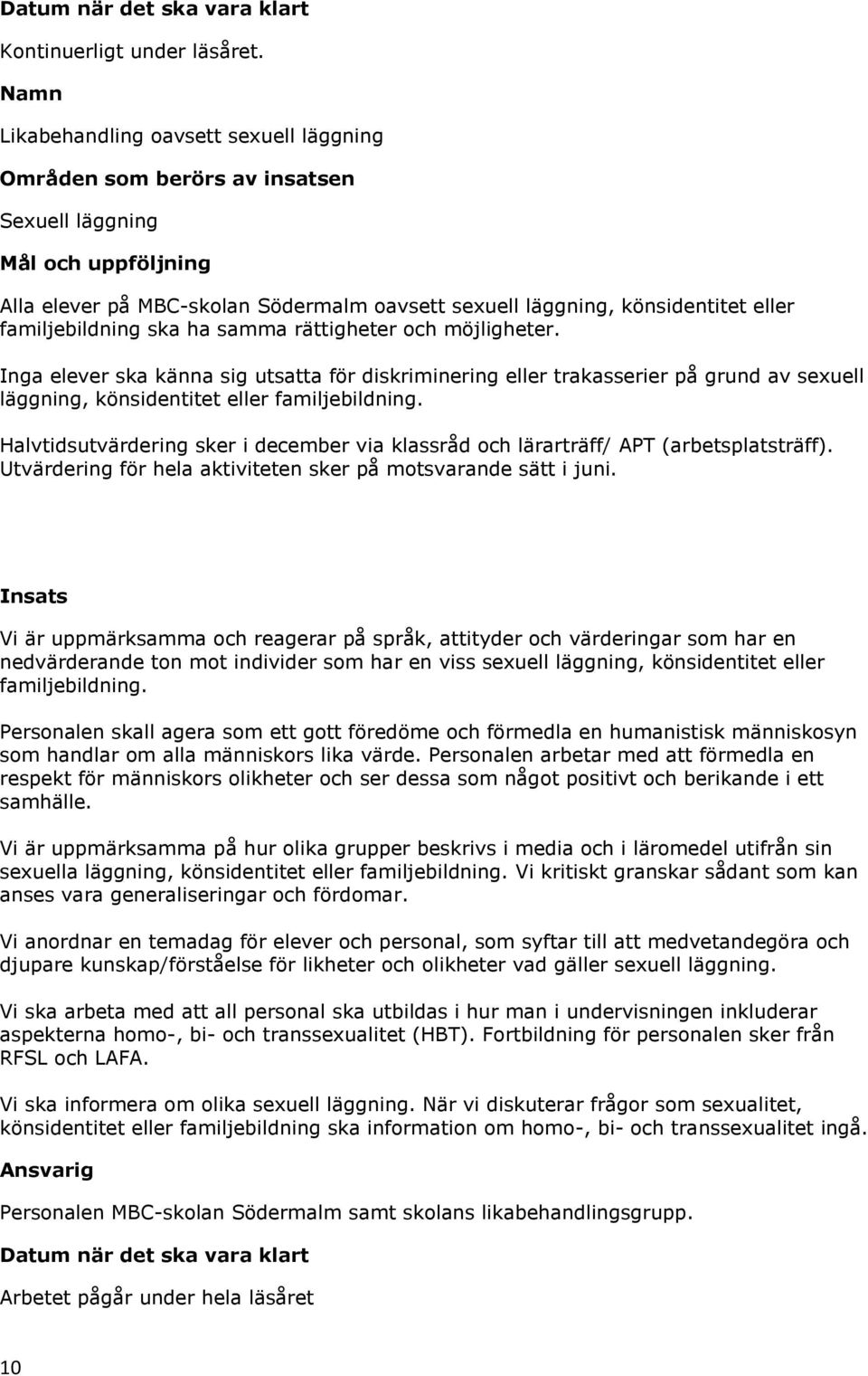 familjebildning ska ha samma rättigheter och möjligheter. Inga elever ska känna sig utsatta för diskriminering eller trakasserier på grund av sexuell läggning, könsidentitet eller familjebildning.