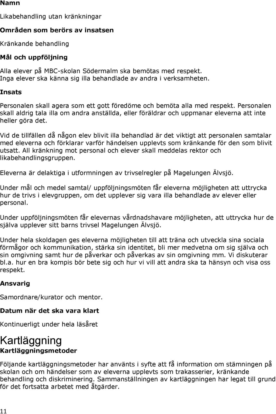 Personalen skall aldrig tala illa om andra anställda, eller föräldrar och uppmanar eleverna att inte heller göra det.