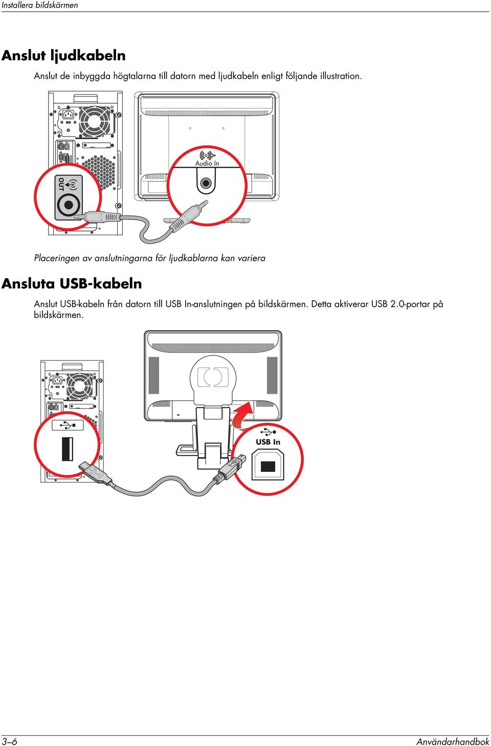 Placeringen av anslutningarna för ljudkablarna kan variera Ansluta USB-kabeln Anslut