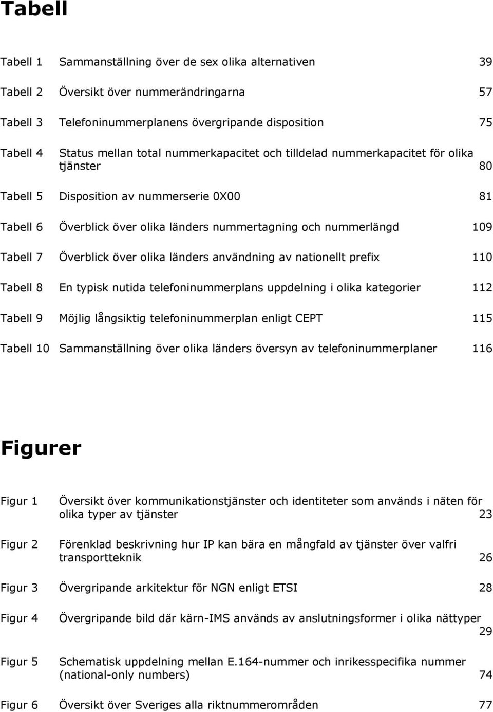 Överblick över olika länders användning av nationellt prefix 110 Tabell 8 En typisk nutida telefoninummerplans uppdelning i olika kategorier 112 Tabell 9 Möjlig långsiktig telefoninummerplan enligt