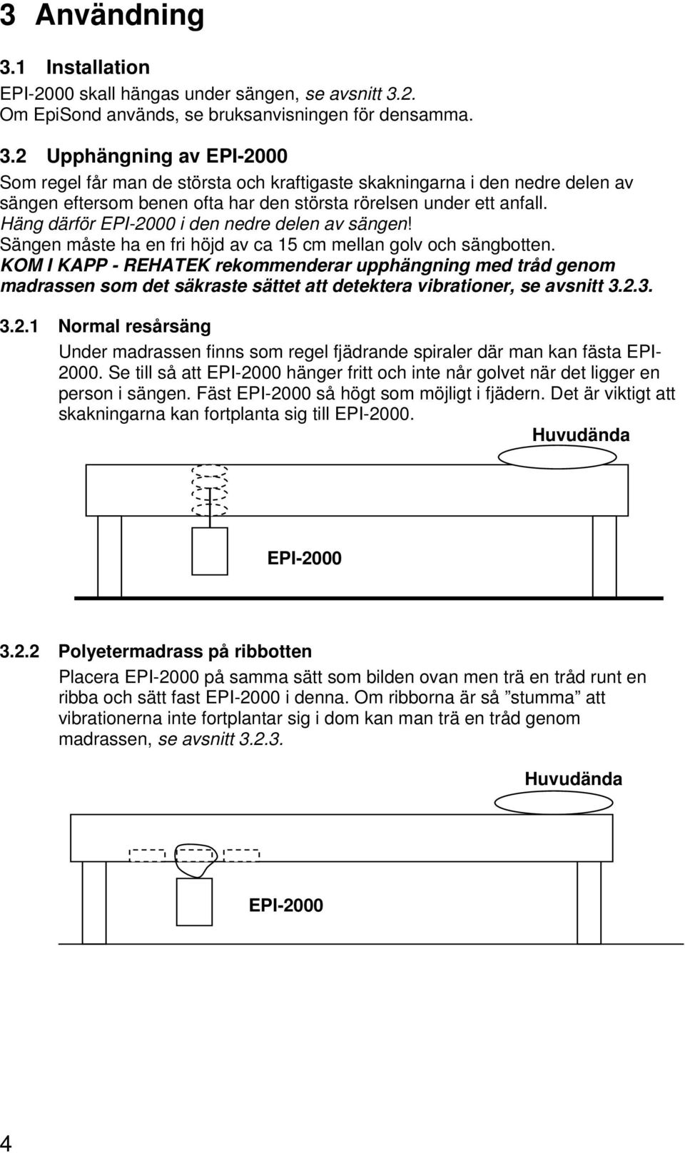 KOM I KAPP - REHATEK rekommenderar upphängning med tråd genom madrassen som det säkraste sättet att detektera vibrationer, se avsnitt 3.2.