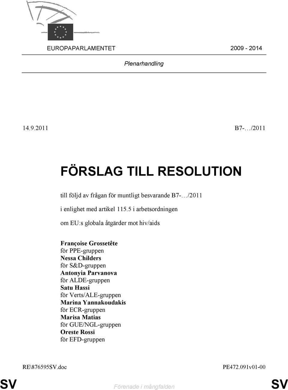 2011 B7- /2011 FÖRSLAG TILL RESOLUTION till följd av frågan för muntligt besvarande B7- /2011 i enlighet med artikel 115.