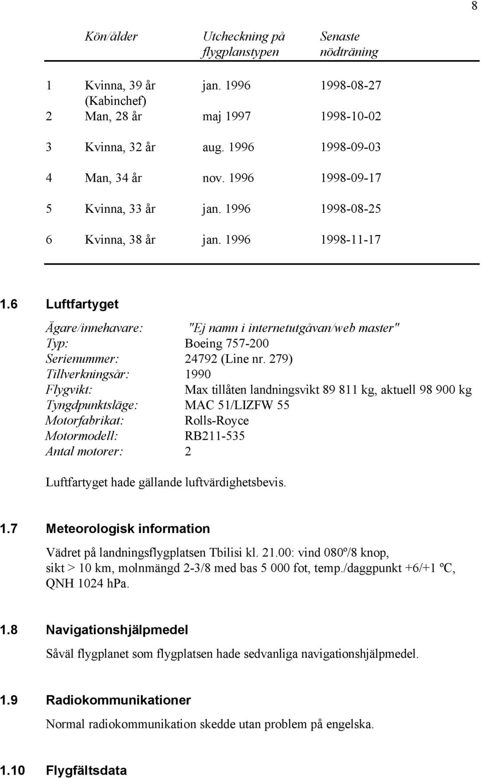 6 Luftfartyget Ägare/innehavare: "Ej namn i internetutgåvan/web master" Typ: Boeing 757-200 Serienummer: 24792 (Line nr.