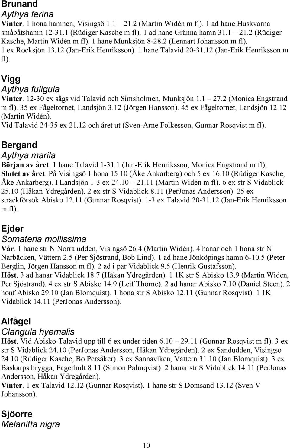 12-30 ex sågs vid Talavid och Simsholmen, Munksjön 1.1 27.2 (Monica Engstrand m fl). 35 ex Fågeltornet, Landsjön 3.12 (Jörgen Hansson). 45 ex Fågeltornet, Landsjön 12.12 (Martin Widén).